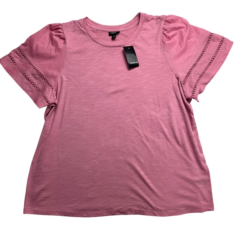 Torrid‎ Wild Rose Pink Modal Slub Crew Neck Crochet Inset Sleeve Top Large 12